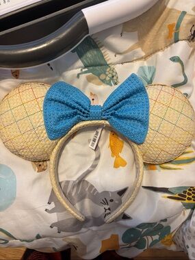 Beige Mickey Ears with Blue Studded Bow